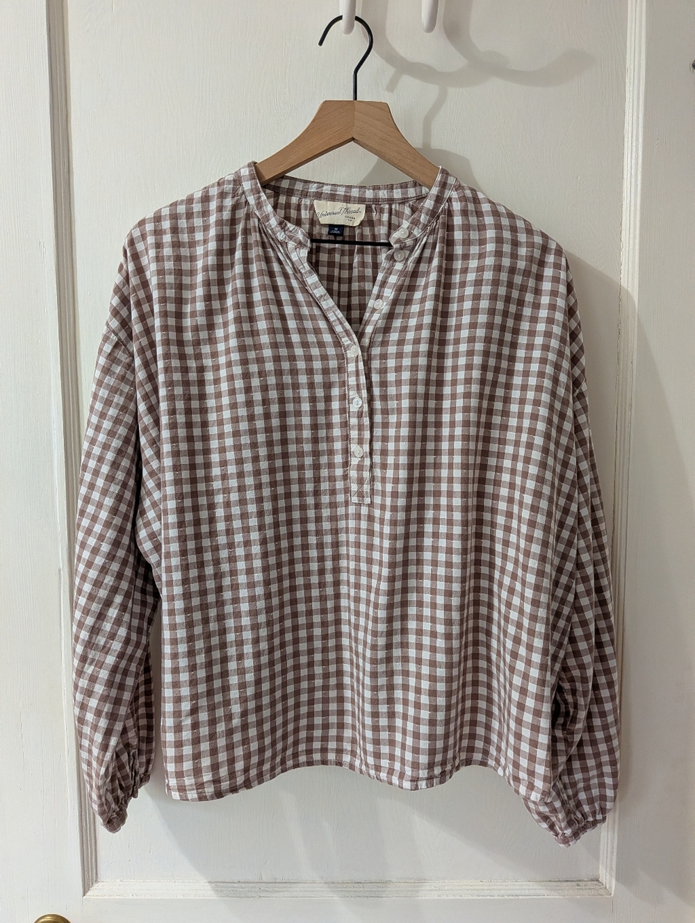 Universal Thread | Brown & White Gingham Henley Blouse | M